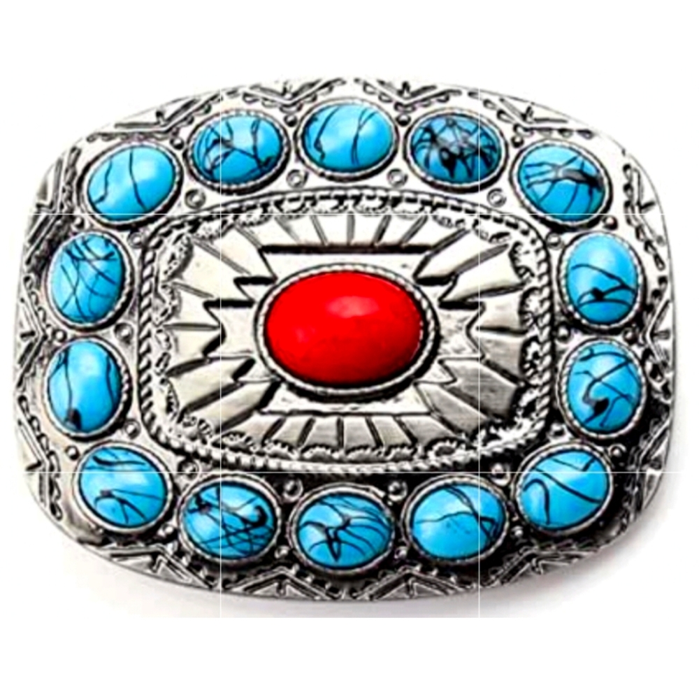 New Western turquoise and coral color Belt Buckle